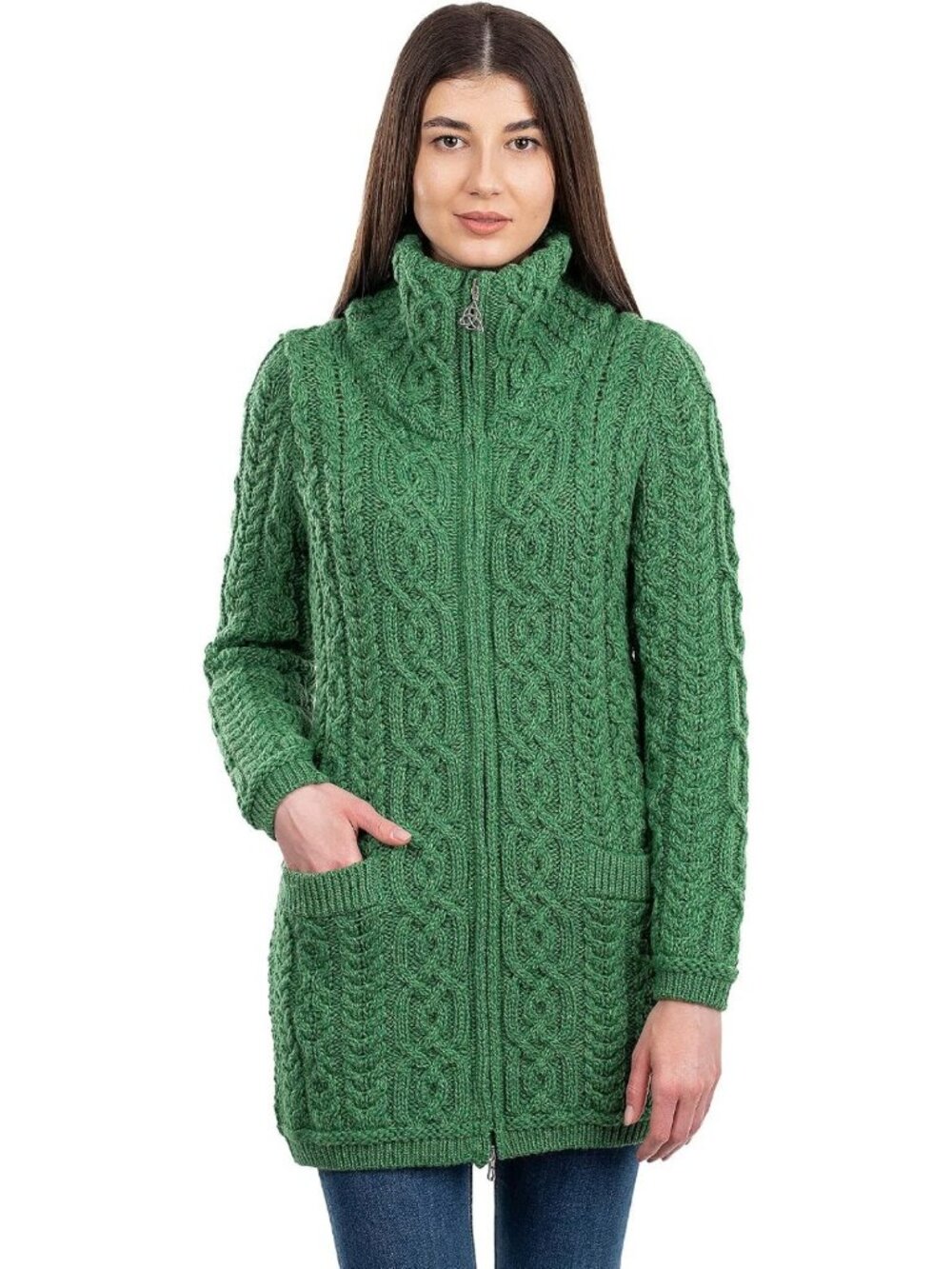 Cozy 100% Merino Wool Irish Aran Zip Cardigan with Pockets & Raised Collar